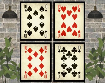 Vintage Set of 4 Tens Poster Art - Playing Card Art Print Set - Casino Wall Decor - Poker Wall Art - Poker Gift Idea - Card Player Gift