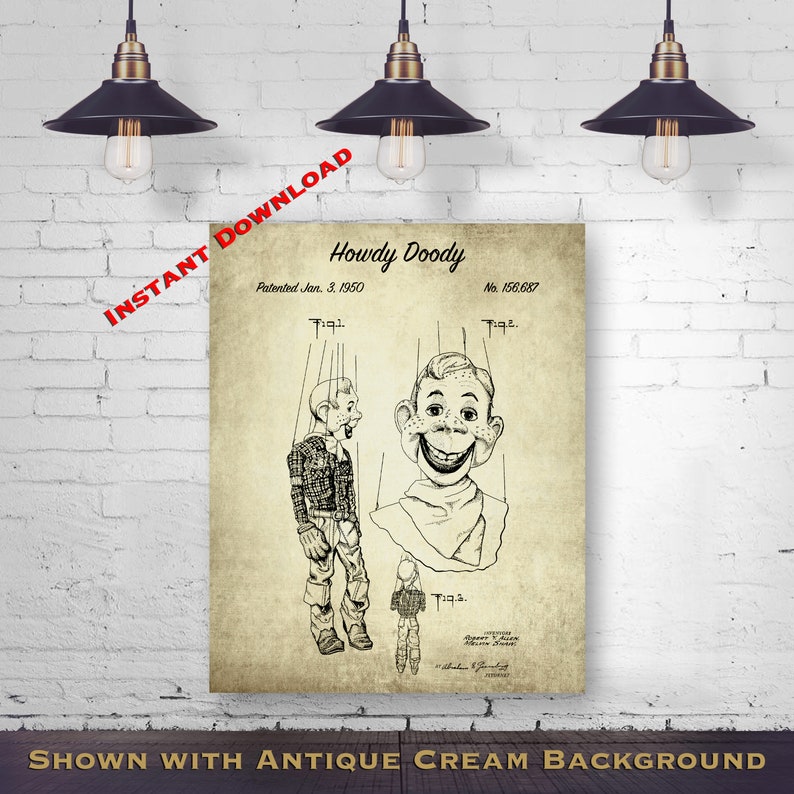 Nursery Blueprint Art Digital Download Last Minute Gift 1950 Howdy Doody Marionette 8x10 Printable Patent Print Printable Download