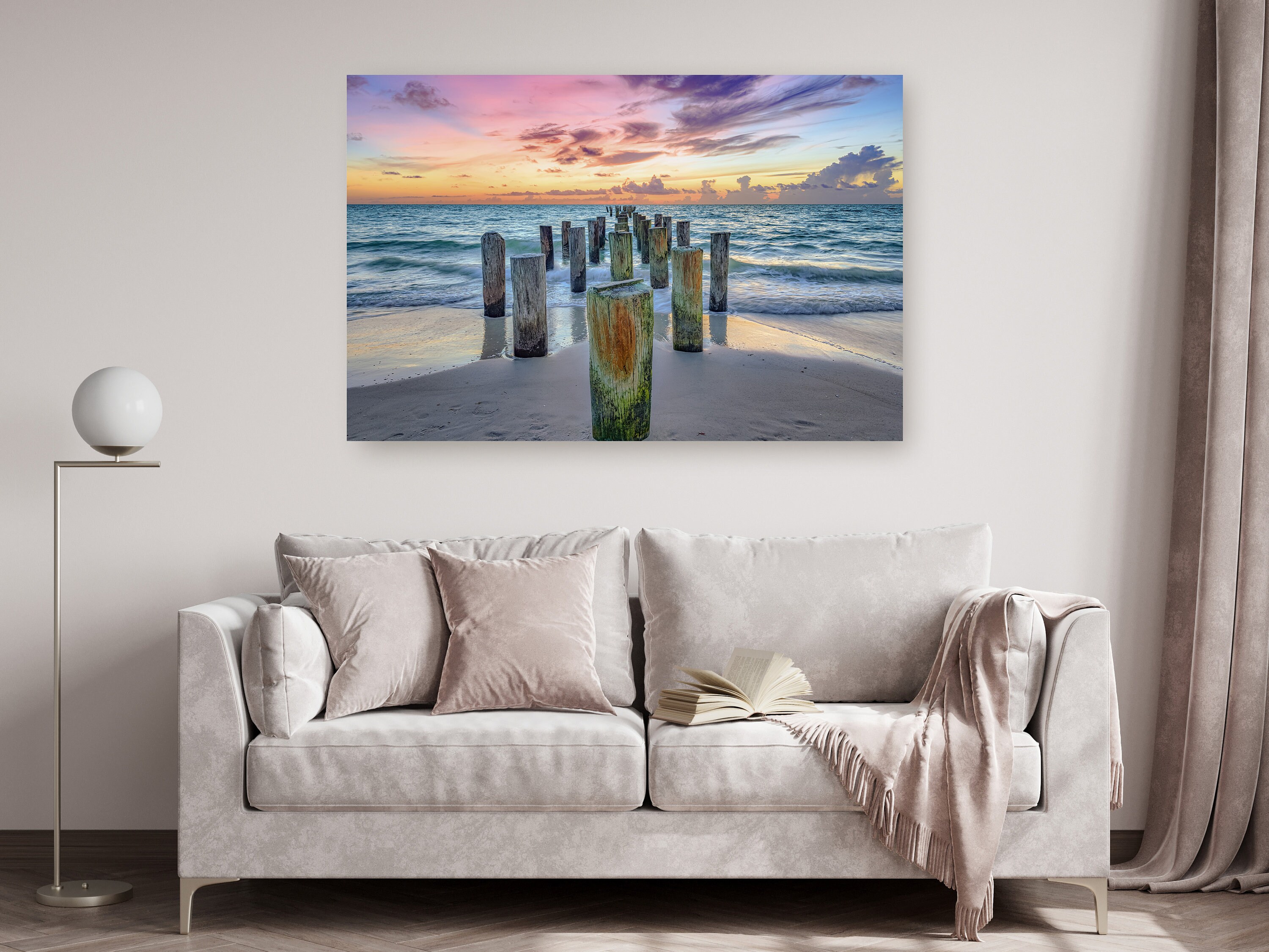 Naples Florida Pier Canvas Wall Art - Wooden Framed Landscape Painting, 20x40 Inches, Ready To Hang