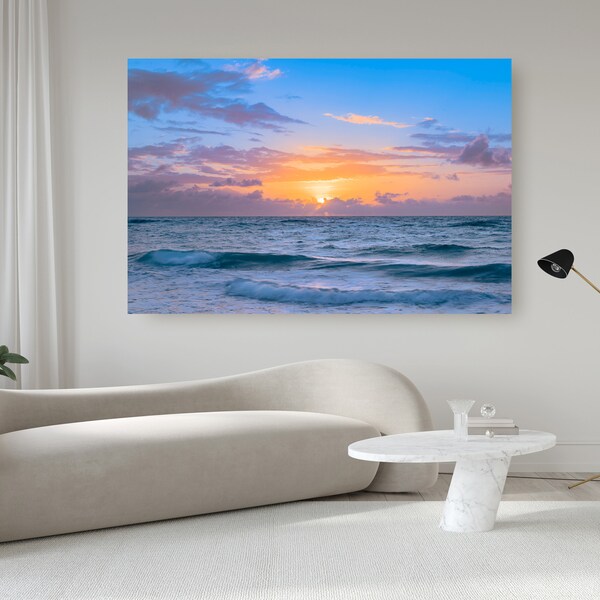 Fine Art Ocean Waves Sunset Print | Ocean Beach Canvas | Sunset wall art |  Large canvas | Pastel Beach | Fine Art Photography