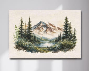 Mount Rainier Watercolor Wall Art – Washington Mountain Lake Landscape – Pacific Northwest Nature Print