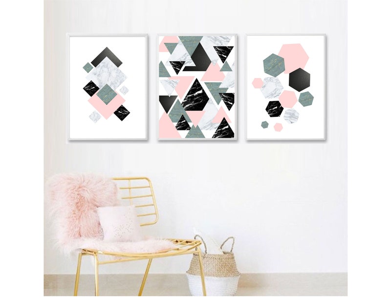 Set of 3 geometric prints pink blue black marble Printable wall art set Digital Prints modern abstract art
