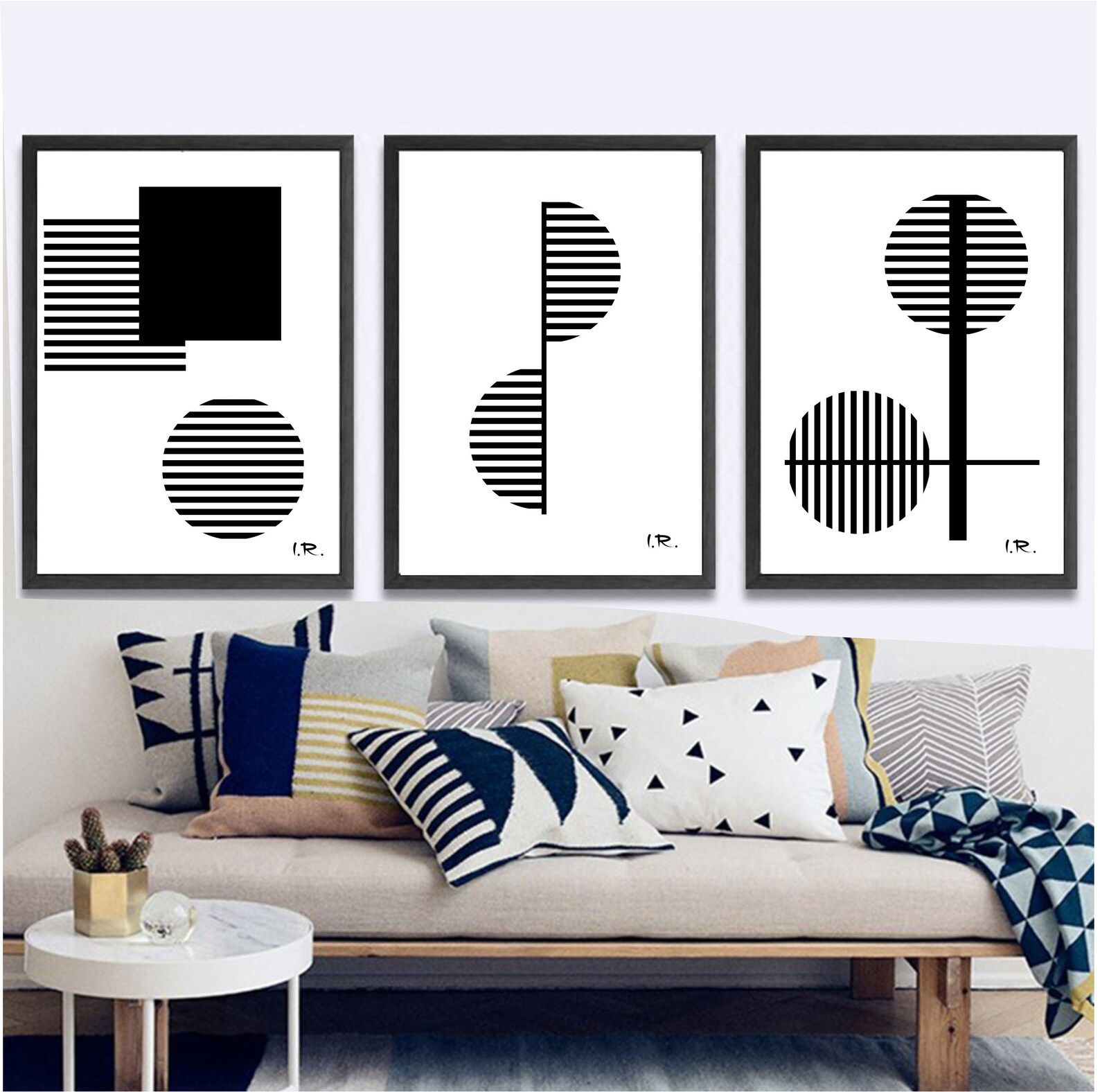 Set of 3 black and white Printable wall art set geometric | Etsy
