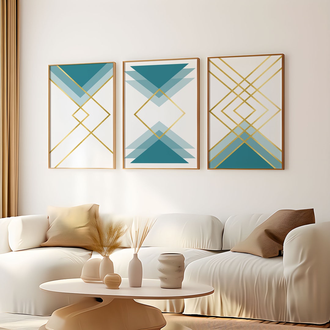 Set of 3 Geometric Prints Blue Gold Printable Wall Art Set Digital ...