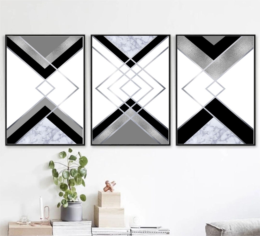 Silver Black Gray Marble Set of 3 Geometric Prints Printable Wall Art ...