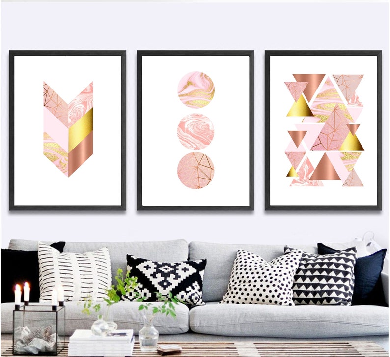 Set of 3 geometric prints pink marble rose gold Printable wall art set Digital Prints modern abstract art