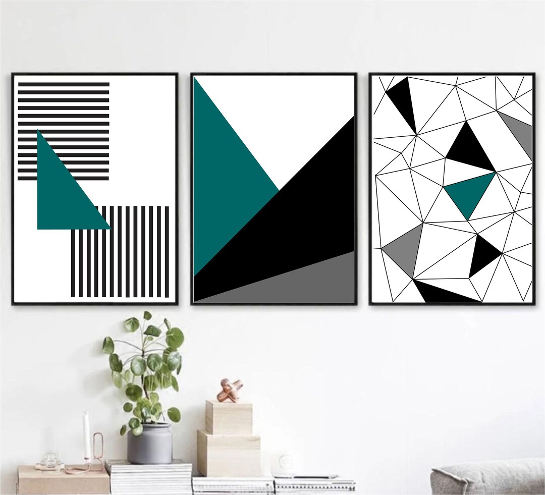 Set of 3 Geometric Prints Black and White Gold and Teal Blue Printable ...