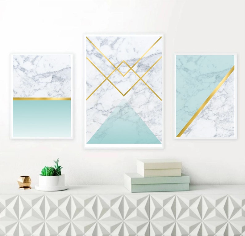 Set of 3 Geometric Prints Marble Gold Blue Printable Wall Art Set ...