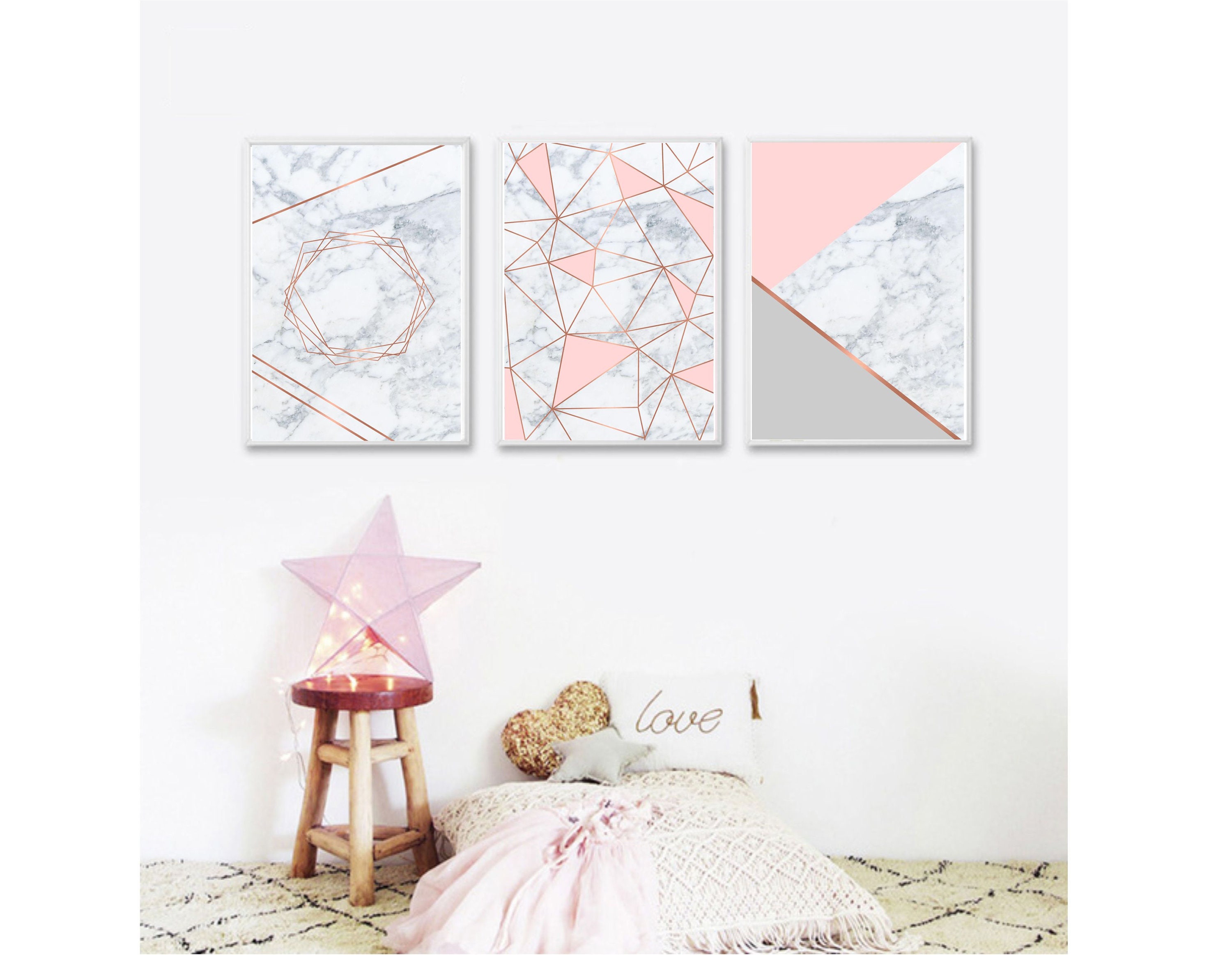 Set of 3 Geometric Prints Pink Marble Gray Rose Gold Printable Wall Art Set  Digital Prints - Etsy