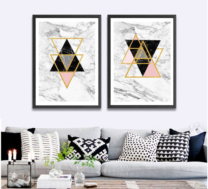 Printable Wall Art Set Of 2 Digital Prints Home Decor Pink Rose Gold Black And White Marble