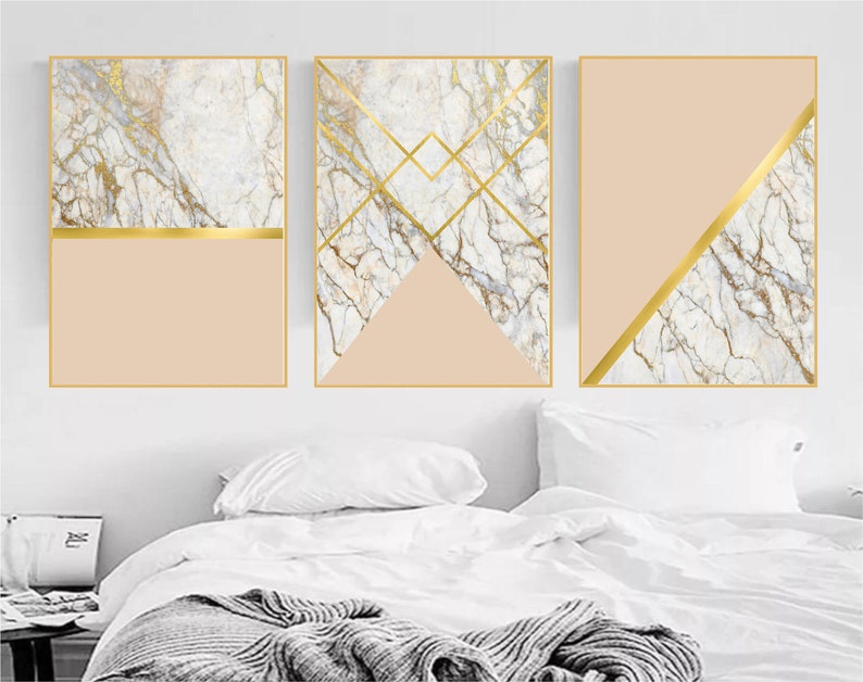 Set of 3 Geometric Prints Marble Gold Beige Printable Wall Art Set ...
