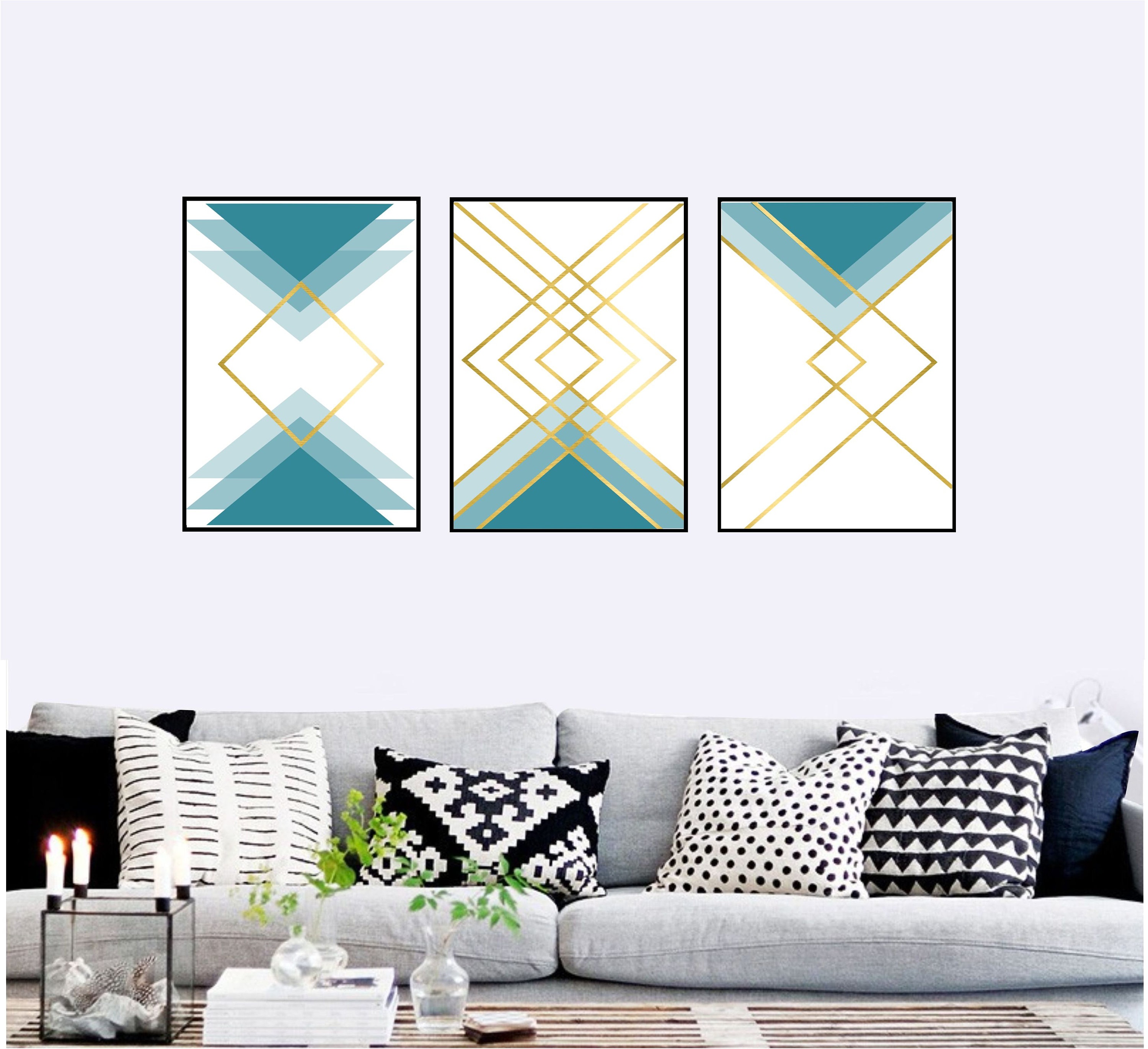 Set of 3 Geometric Prints Blue Gold Printable Wall Art Set - Etsy