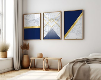 Set of 3 geometric prints marble gold navy blue Printable wall art set Digital Prints modern home decor bedroom