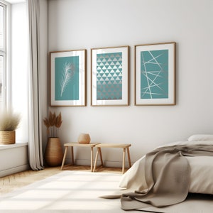Set of 3 Printable wall art set Digital Prints silver and teal blue geometric print and feather