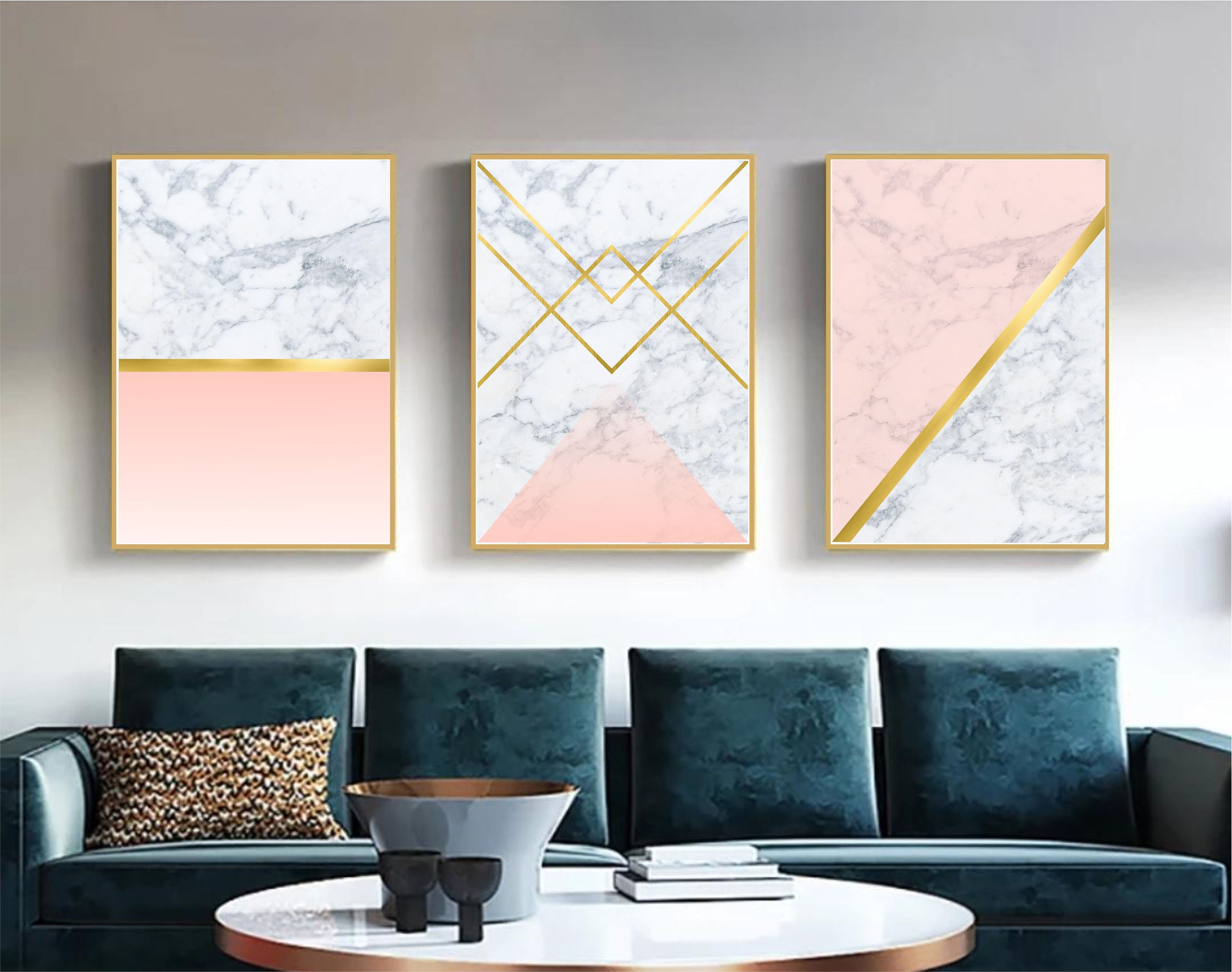 Set of 3 Geometric Prints Marble Gold Pink Printable Wall Art Set ...