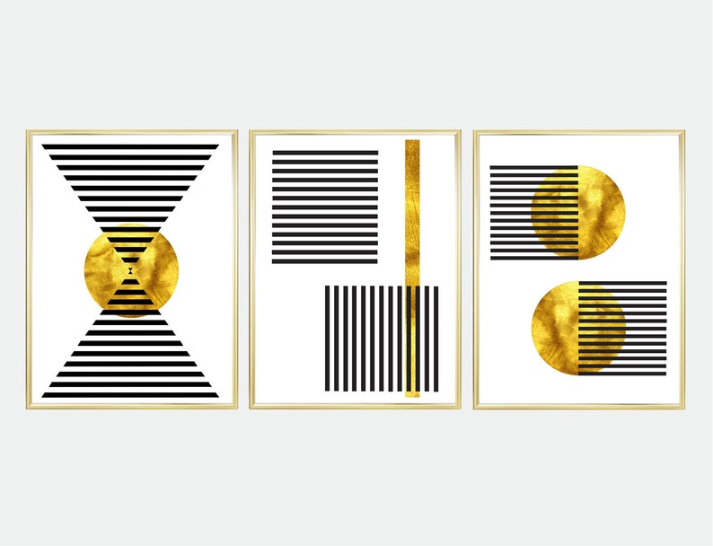 Set of 3 Geometric Prints Gold and Black Vintage Printable | Etsy