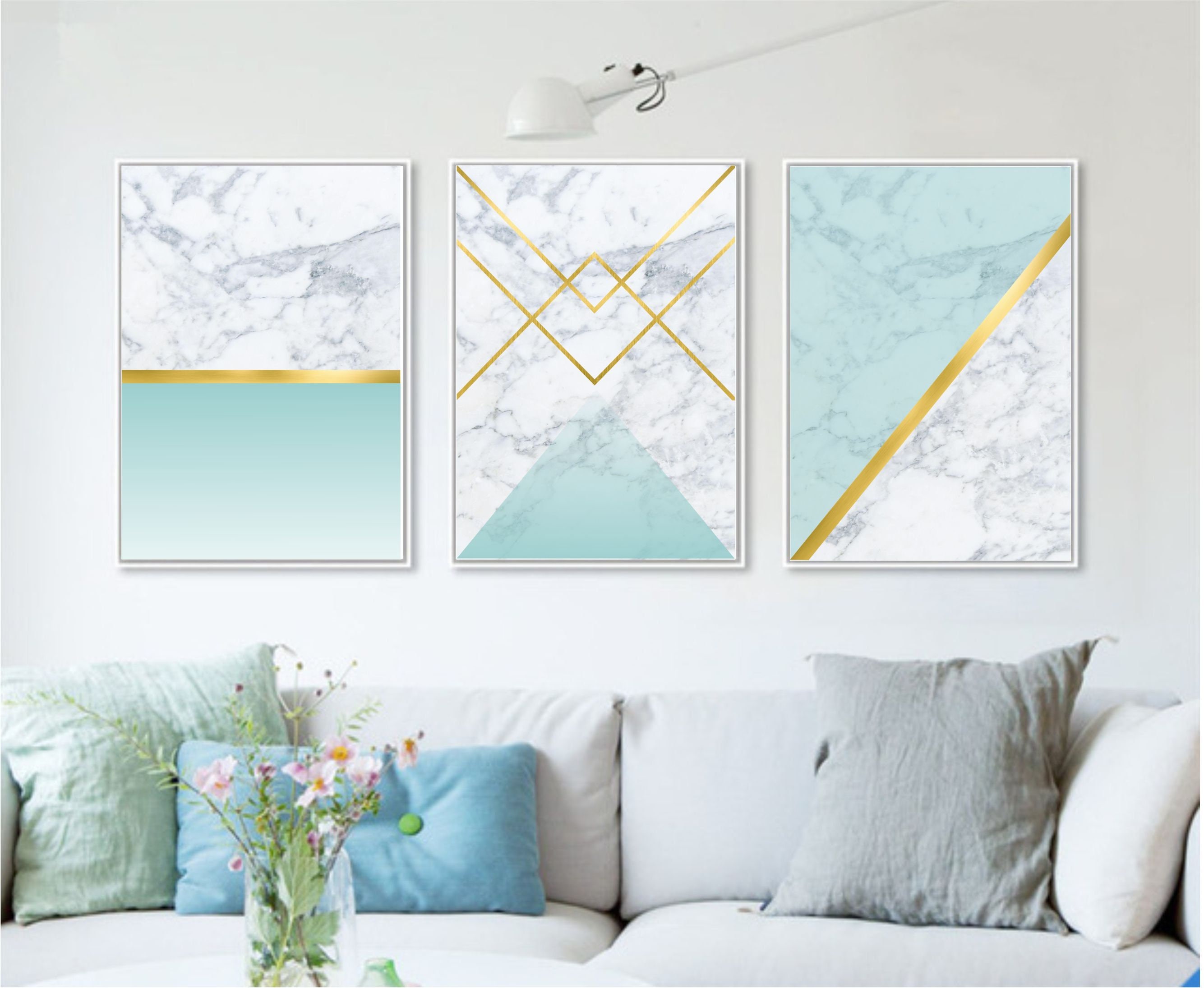 Set of 3 Geometric Prints Marble Gold Blue Printable Wall Art | Etsy
