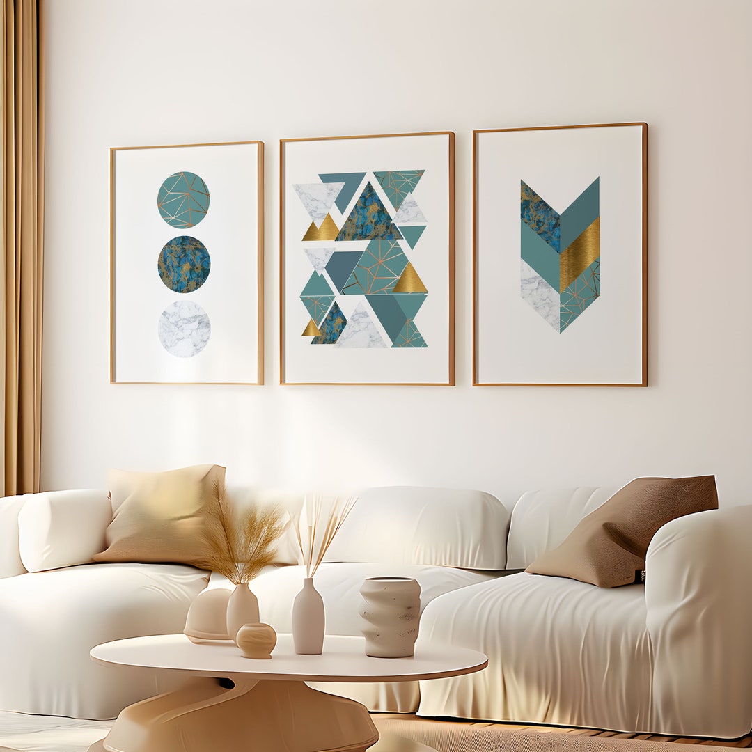 Set of 3 Geometric Prints Teal Blue Gold Printable Wall Art Set Digital ...