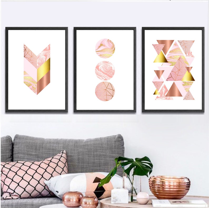 Set of 3 geometric prints pink marble rose gold Printable wall art set Digital Prints modern abstract art