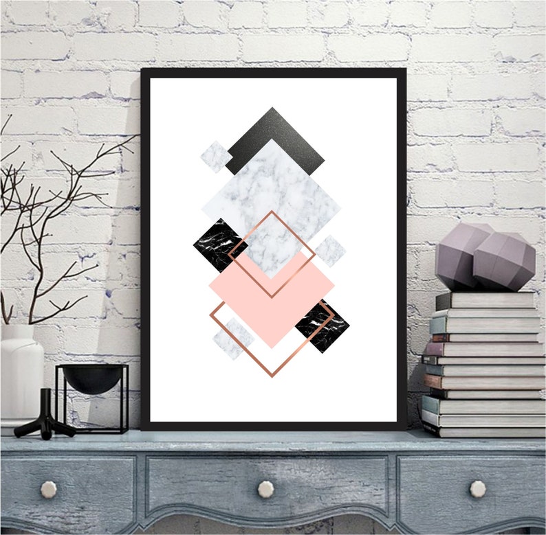 Set of 3 Geometric Prints Pink Marble Gray Rose Gold Printable Wall Art ...