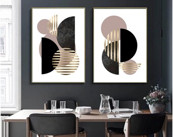 Set of 2 geometric prints black gold Printable wall art set Digital Prints