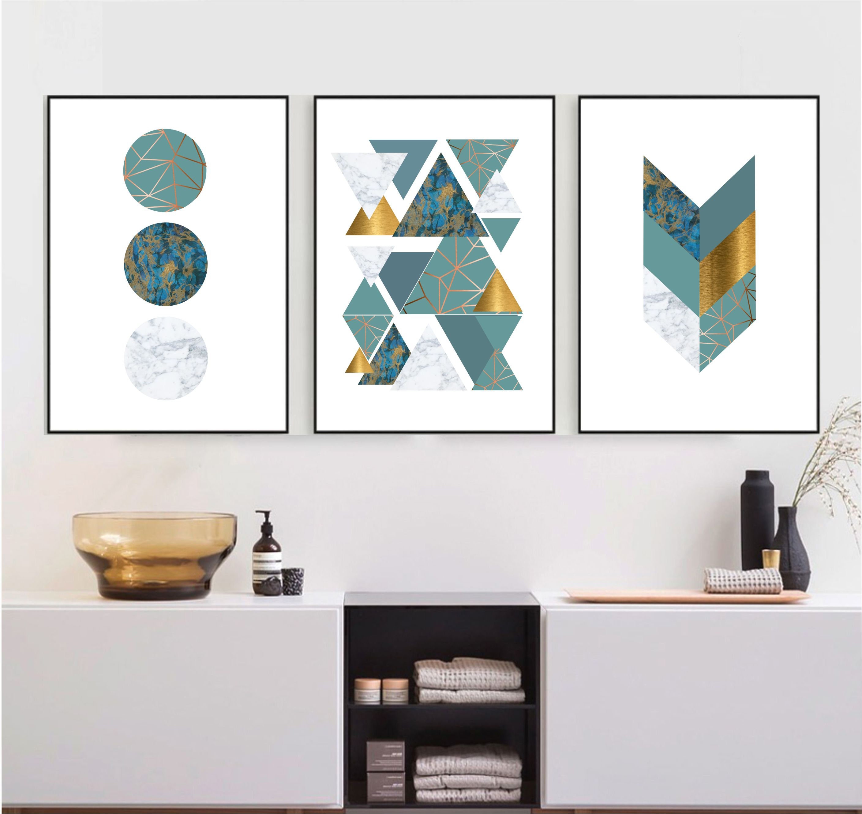 Set of 3 Geometric Prints Teal Blue Gold Printable Wall Art - Etsy