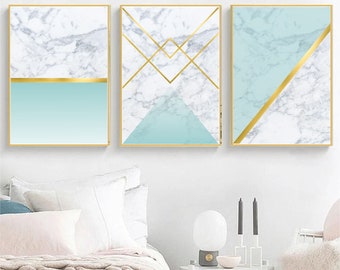 Set of 3 Geometric Prints Teal Blue Gold Printable Wall Art - Etsy