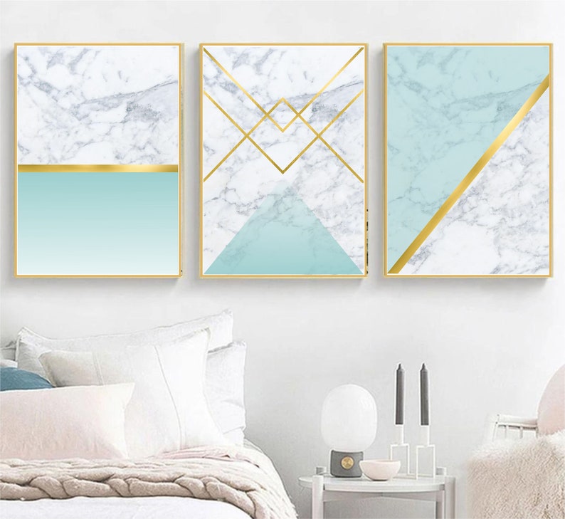 Set of 3 Geometric Prints Marble Gold Blue Printable Wall Art Set ...