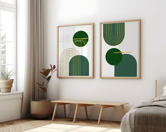 Set of 2 geometric prints green gold Printable wall art set Digital Prints