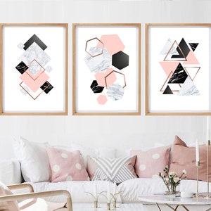 Set of 3 Geometric Prints Pink Marble Gray Rose Gold Printable Wall Art ...
