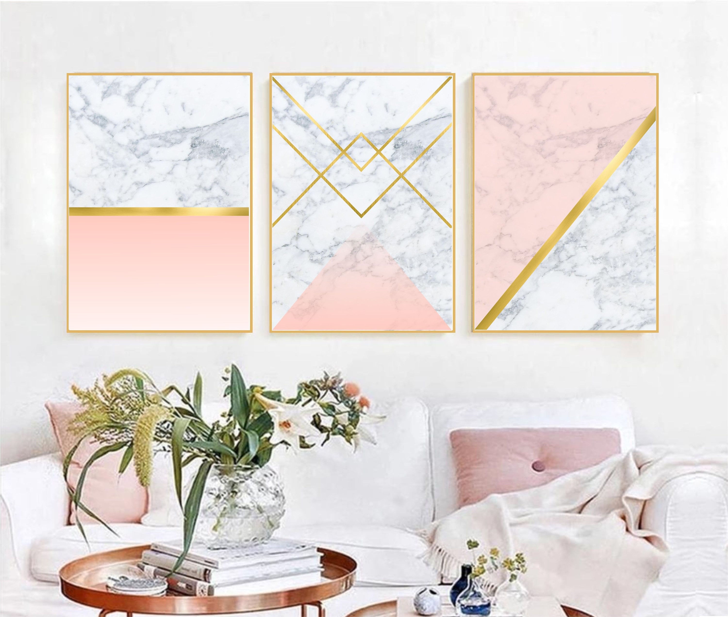 Set of 3 geometric prints marble gold pink Printable wall art | Etsy