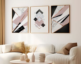 3 geometric prints pink gray marble  rose gold concrete Printable wall art set Digital Prints modern abstract art