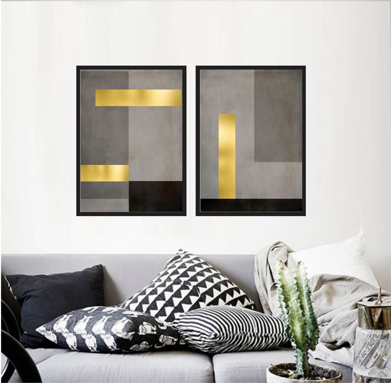 Set of 2 geometric prints black and gold Printable wall art Etsy
