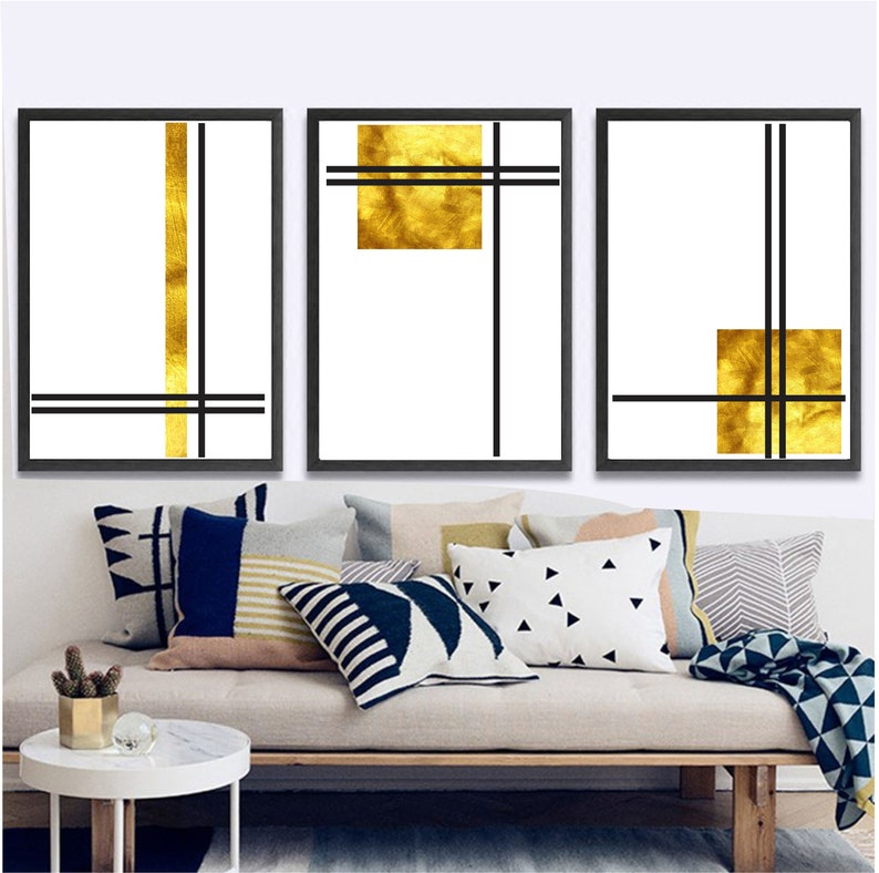 Set of 3 geometric prints gold and black vintage Printable wall art set Digital Prints modern abstract art