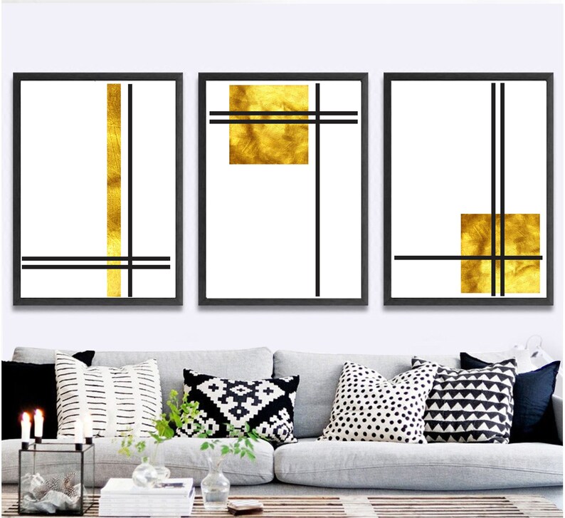 Set of 3 geometric prints gold and black vintage Printable wall art set Digital Prints modern abstract art