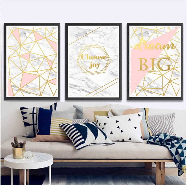 Set of 3 Geometric Prints Pink Marble Gold Printable Wall Art Set ...