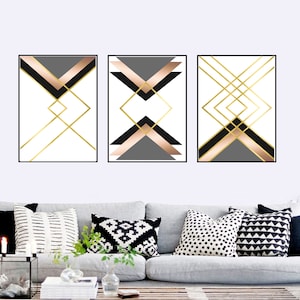 Set of 3 Geometric Prints Black and White Gold and Rose Gold Printable ...