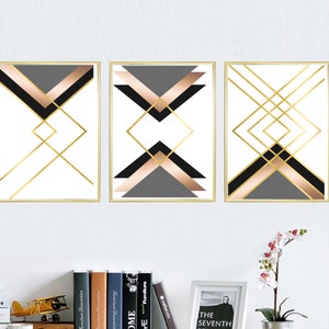 Set of 3 Geometric Prints Black and White Gold and Rose Gold Printable ...