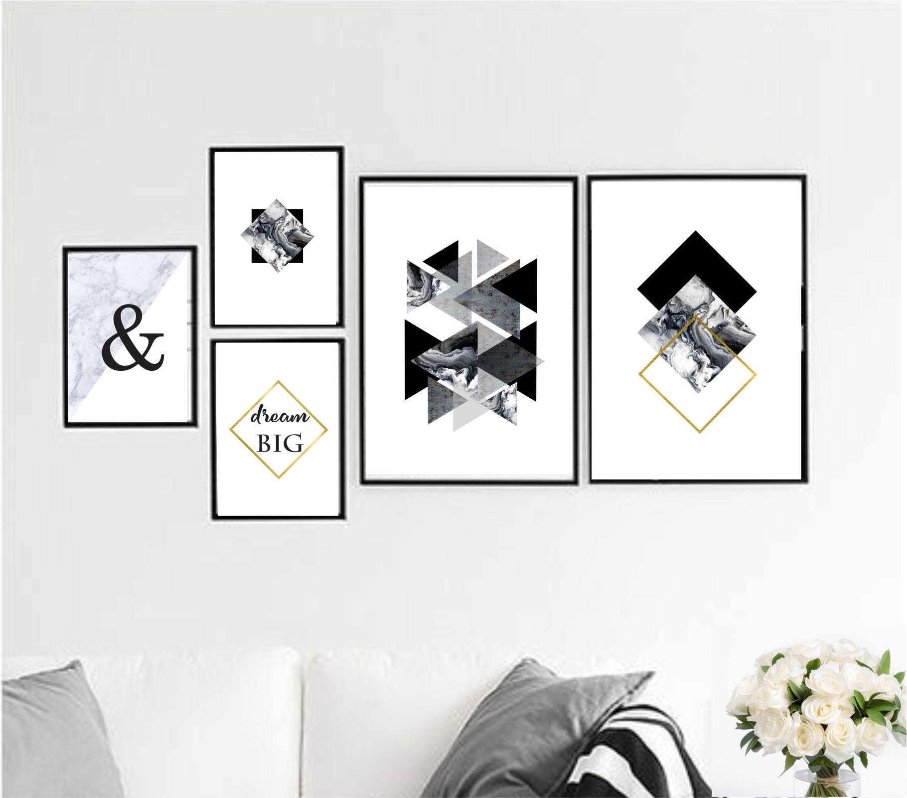 Set of 5 Printable Wall Art Set Geometric Prints Black and | Etsy