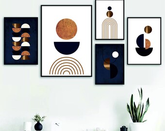 Printable wall art set of 5 prints blue rose gold Digital Prints geometric