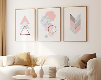 Pink marble gray rose gold set of 3 geometric posters printable wall art Digital Prints