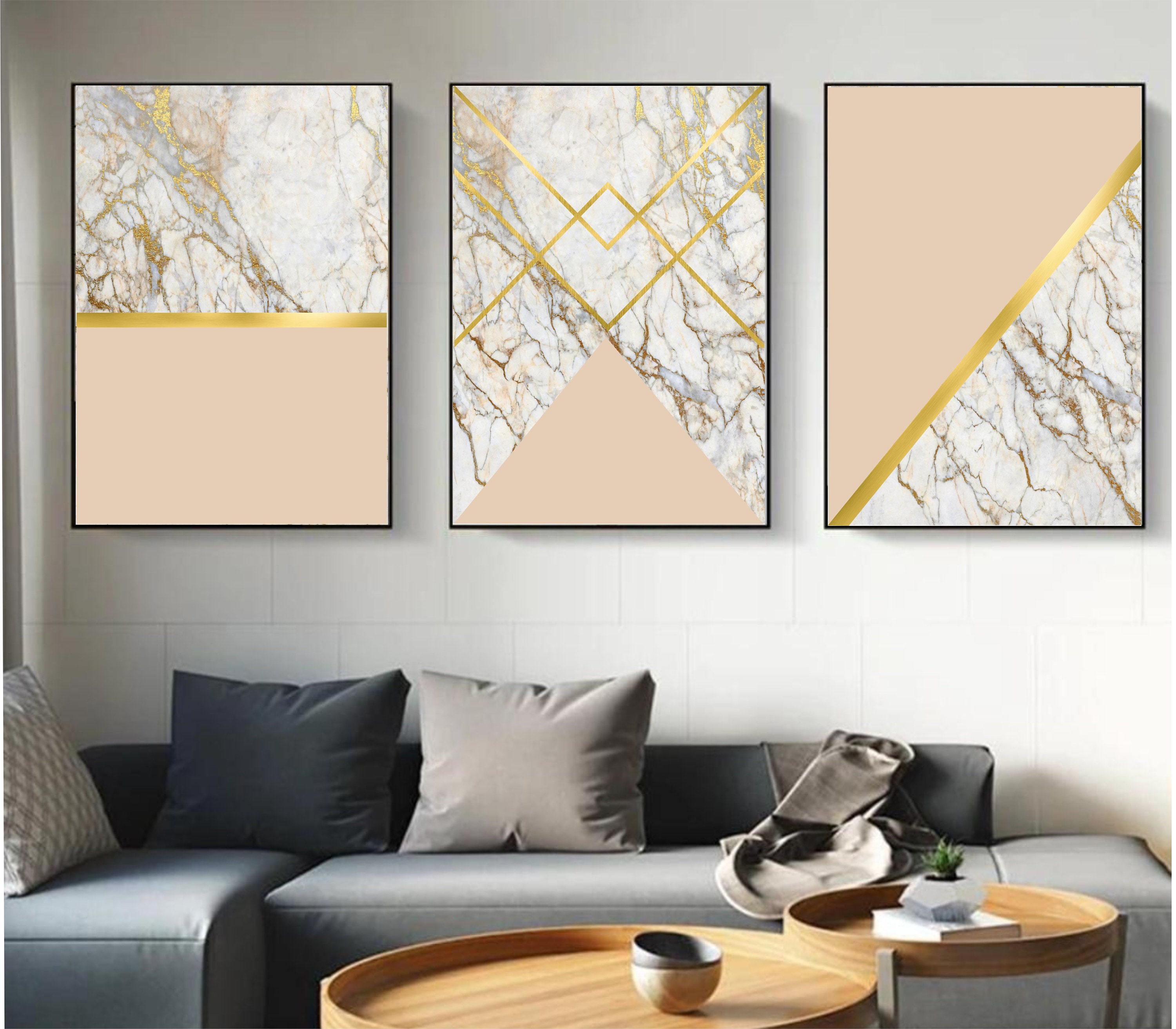 Set of 3 Geometric Prints Marble Gold Beige Printable Wall Art Set ...