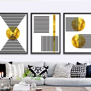 Set of 3 Geometric Prints Gold and Black Vintage Printable Wall Art Set ...