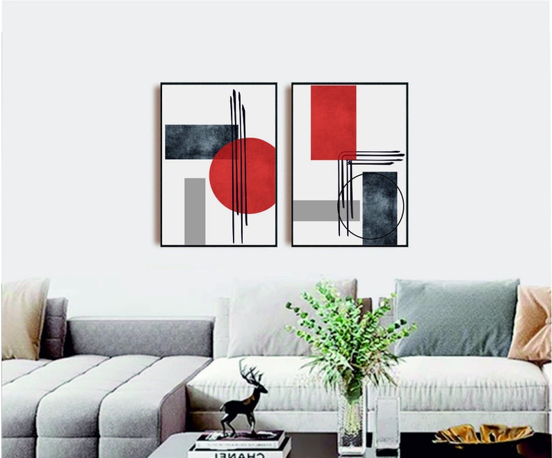 Set of 2 Geometric Prints Red and Black Printable Wall Art Set - Etsy