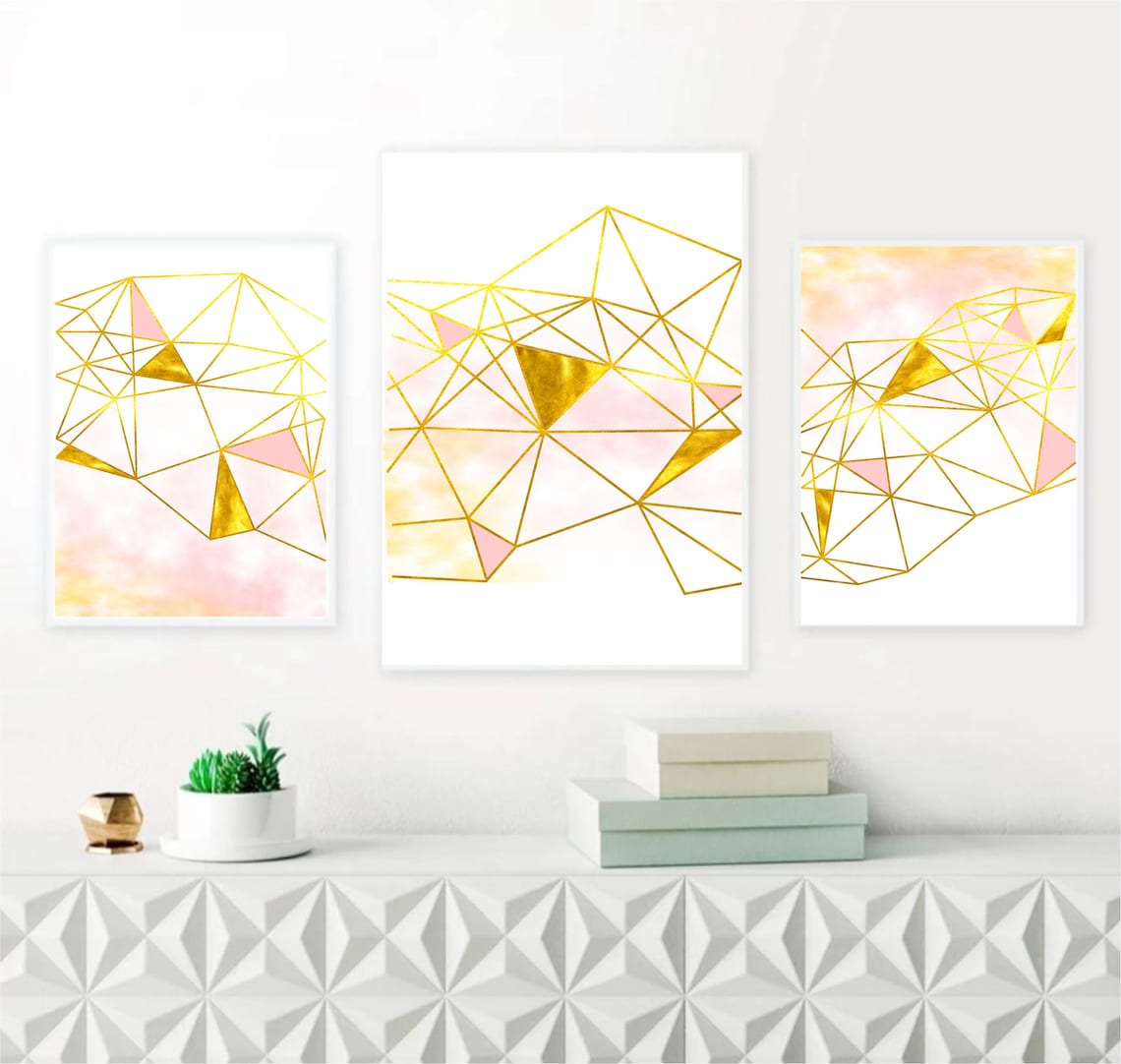Set of 3 Geometric Prints Pink and Gold Printable Wall Art Set - Etsy