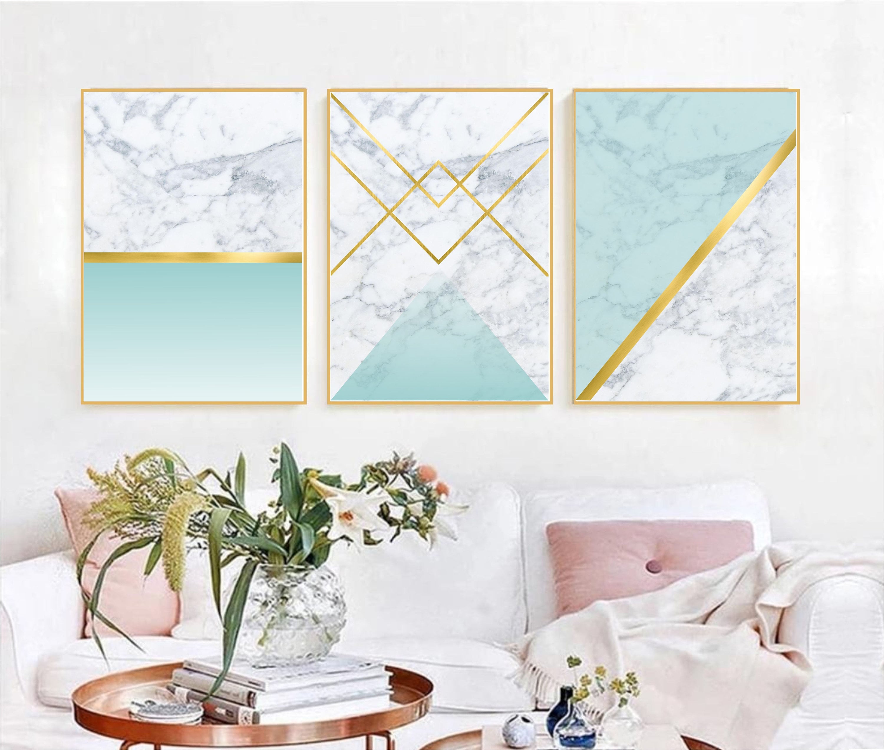 Set of 3 Geometric Prints Marble Gold Blue Printable Wall Art | Etsy