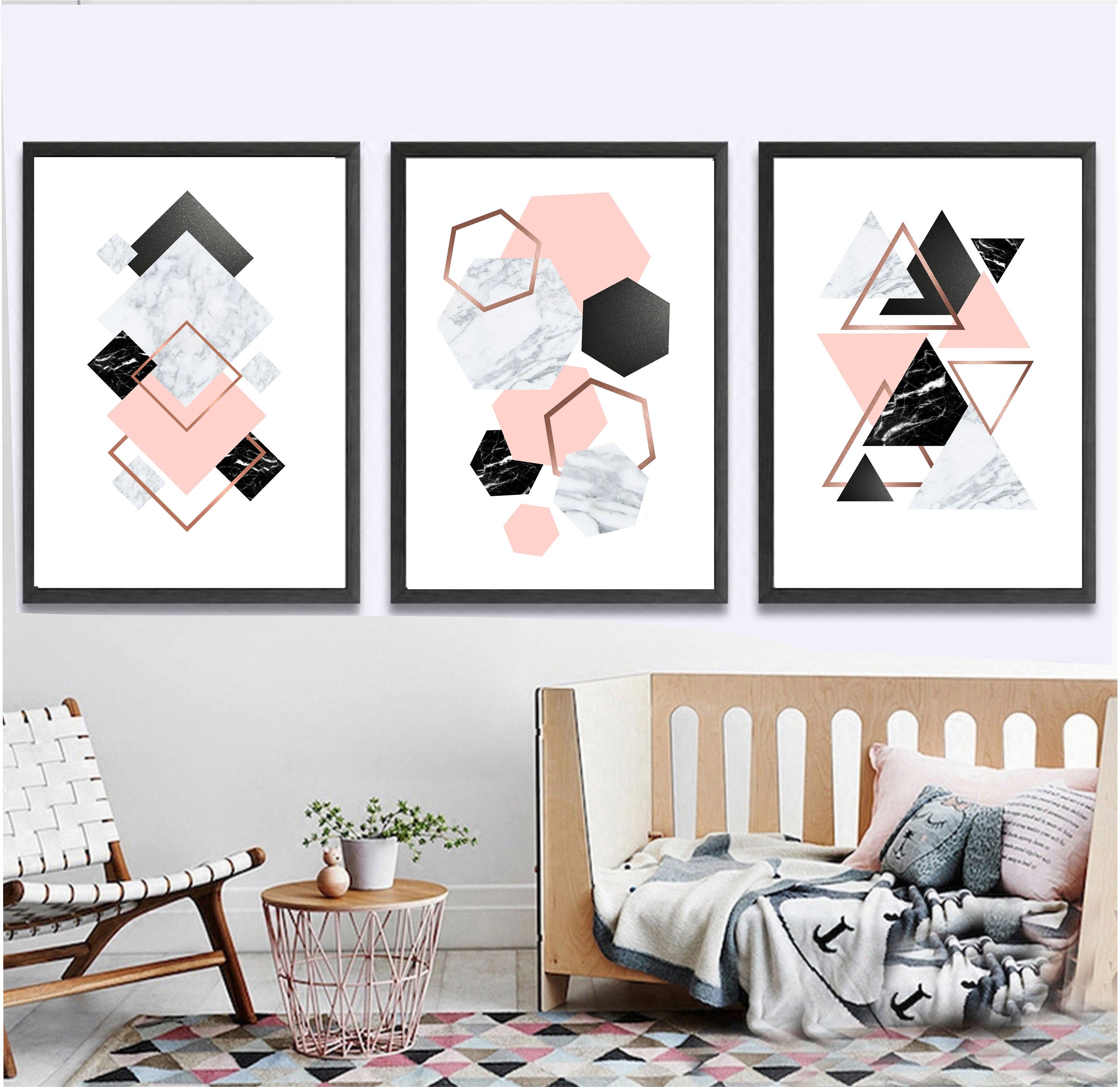 Set of 3 Geometric Prints Pink Marble Gray Rose Gold Printable Wall Art ...