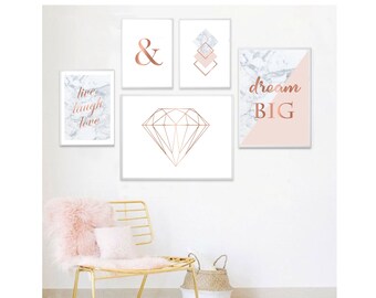 Set of 5 prints pink marble gray rose gold ampersand diamond Printable wall art set Digital Prints