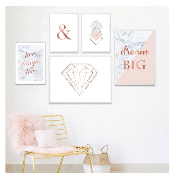 Set of 5 prints pink marble gray rose gold ampersand diamond Printable wall art set Digital Prints
