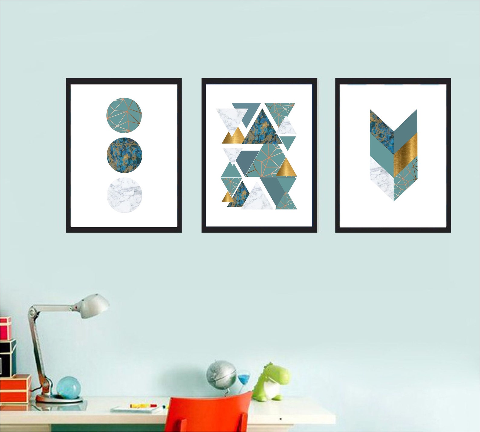 Set of 3 Geometric Prints Teal Blue Gold Printable Wall Art Set Digital ...